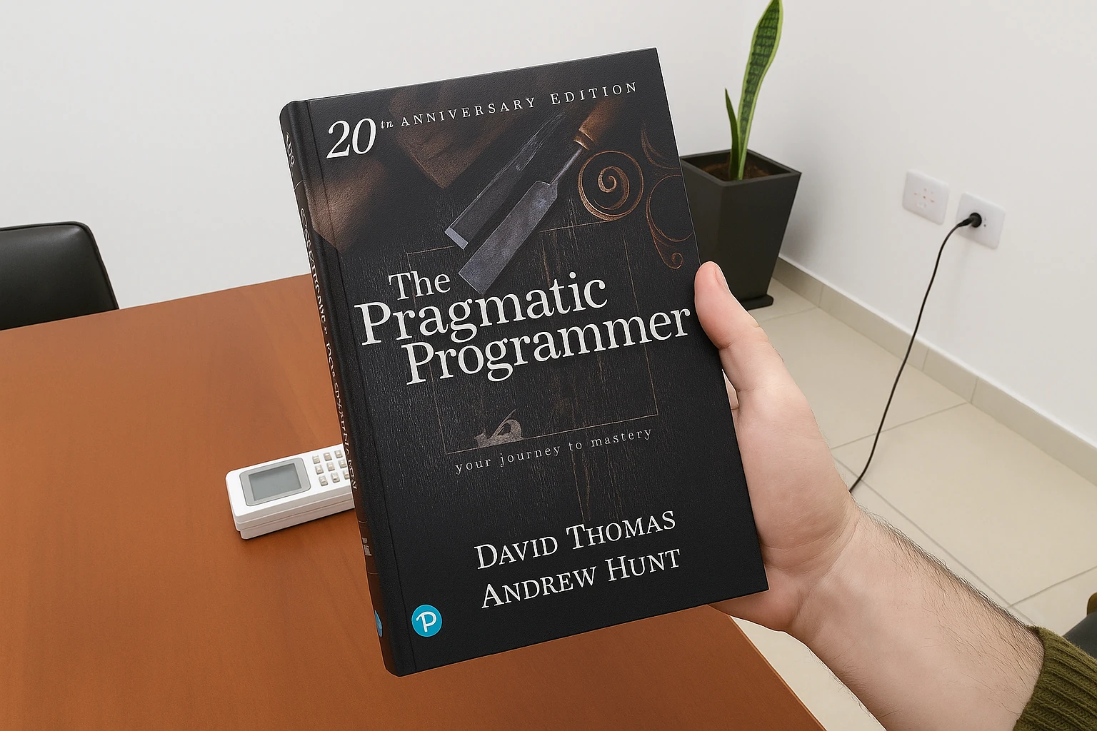 Me holding “The Pragmatic Programmer” book.